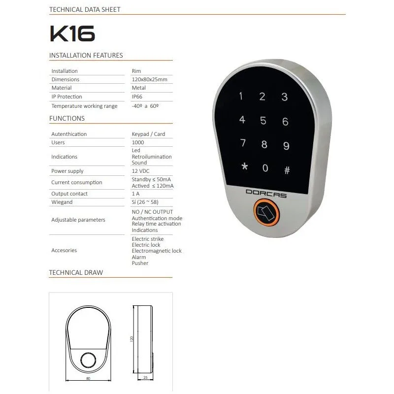 dorcas-k16-technical-sheet Dorcas K16 Touch Keypad & Card Reader